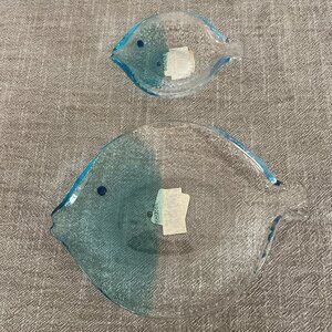 Set Of Aqua Blue & Clear Textured Art Glass Fish Plates By Zodax Vintage New!